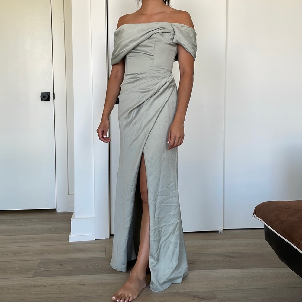 ASOS Edition | Sage Green Satin Bardot Drape Wrap Maxi Dress